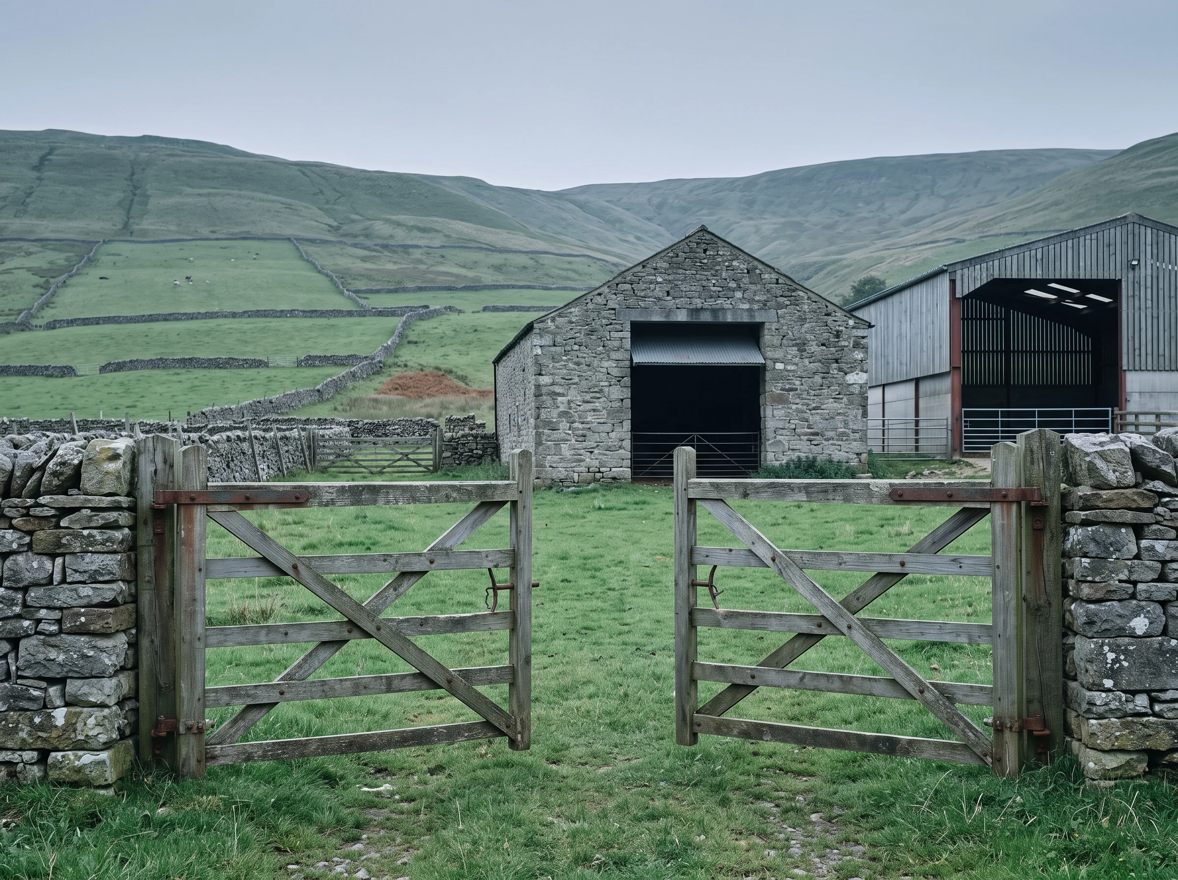 An open yard gate on a hill farm with a stone barn and a sheep shed behind and walled fields climbing to the fell
