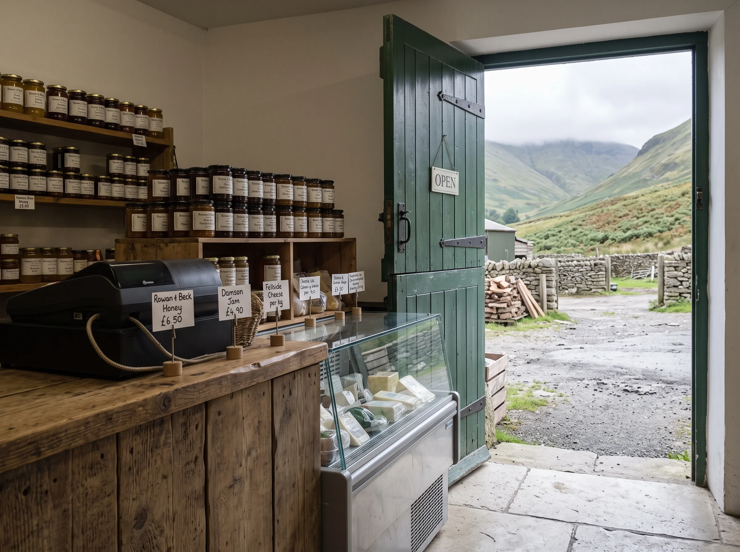 A farm-shop counter seen from the doorway, hand-written price cards and a chiller behind it, the yard and fell showing through the open door