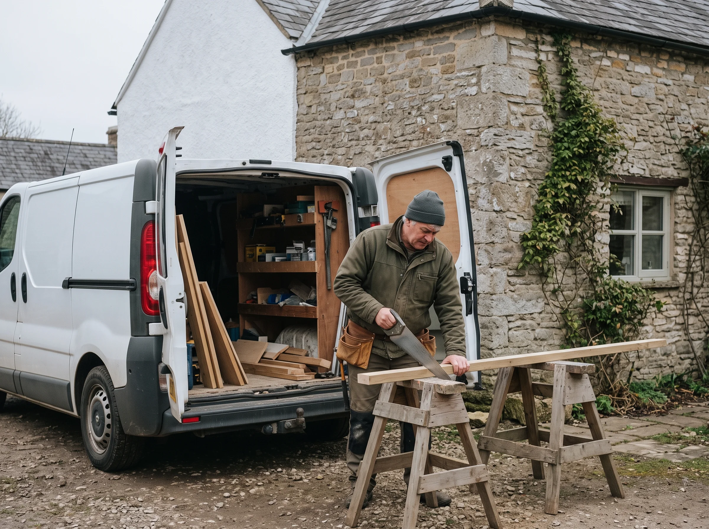 A joiner cutting a length of timber on a trestle at the back of a van outside a stone cottage