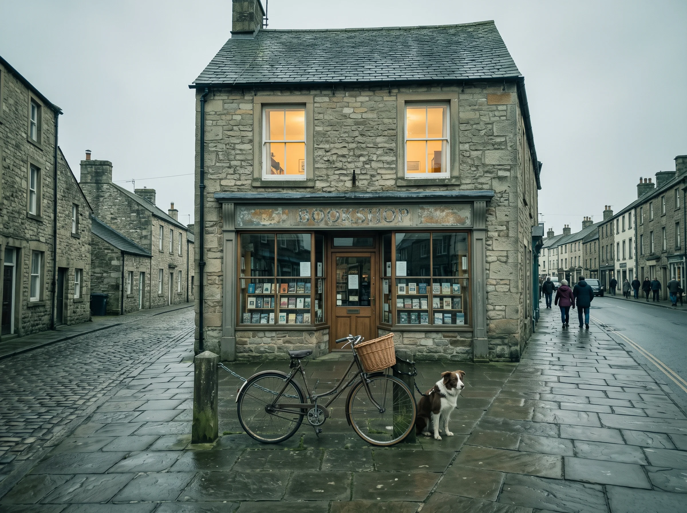 A stone bookshop on Market Street in Kirkby Stephen with the lit first-floor office windows above it, a bicycle and a dog outside