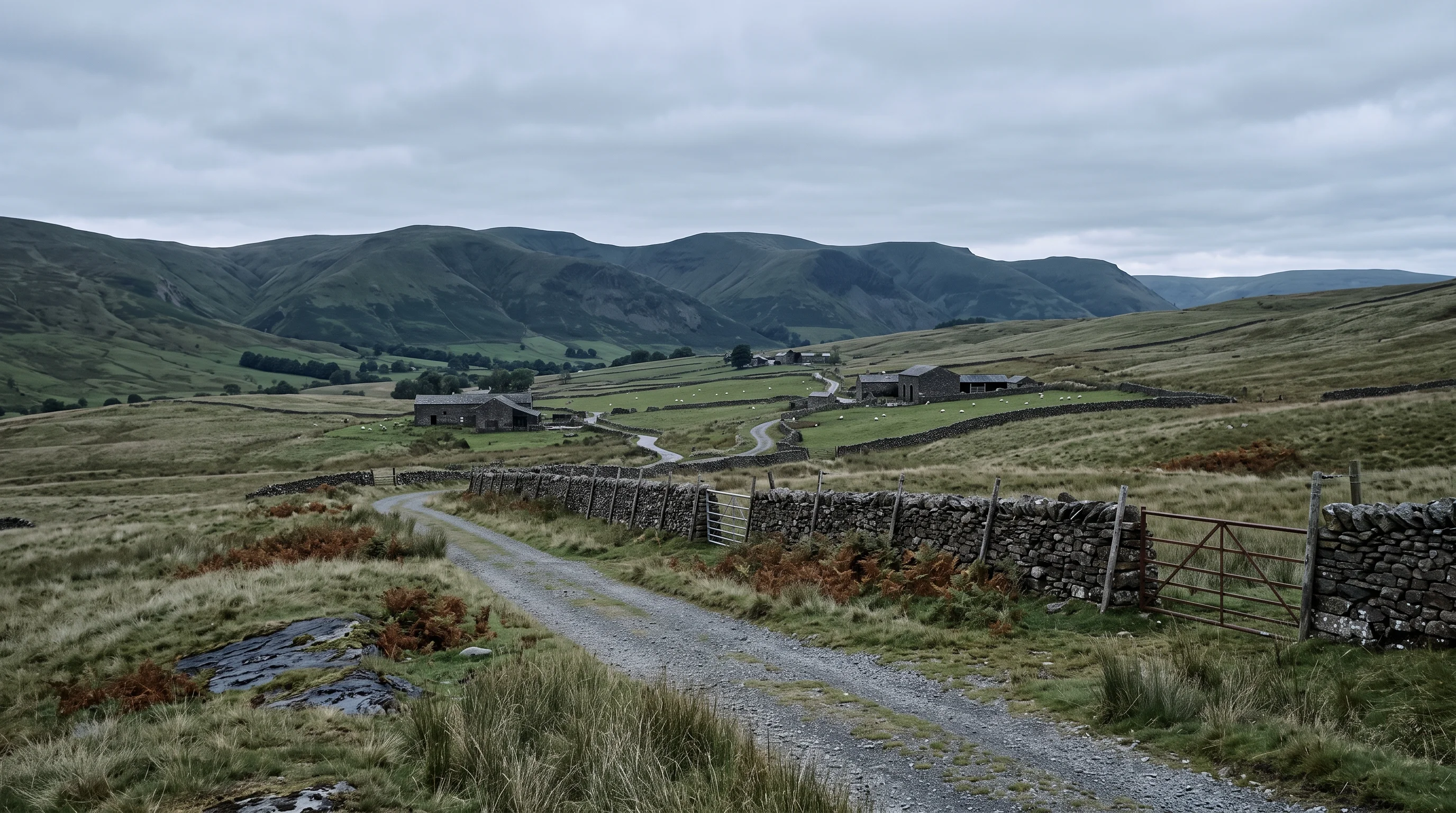 The upper Eden valley from a farm track under a grey sky, a dry-stone wall in the foreground and the Howgills rising behind