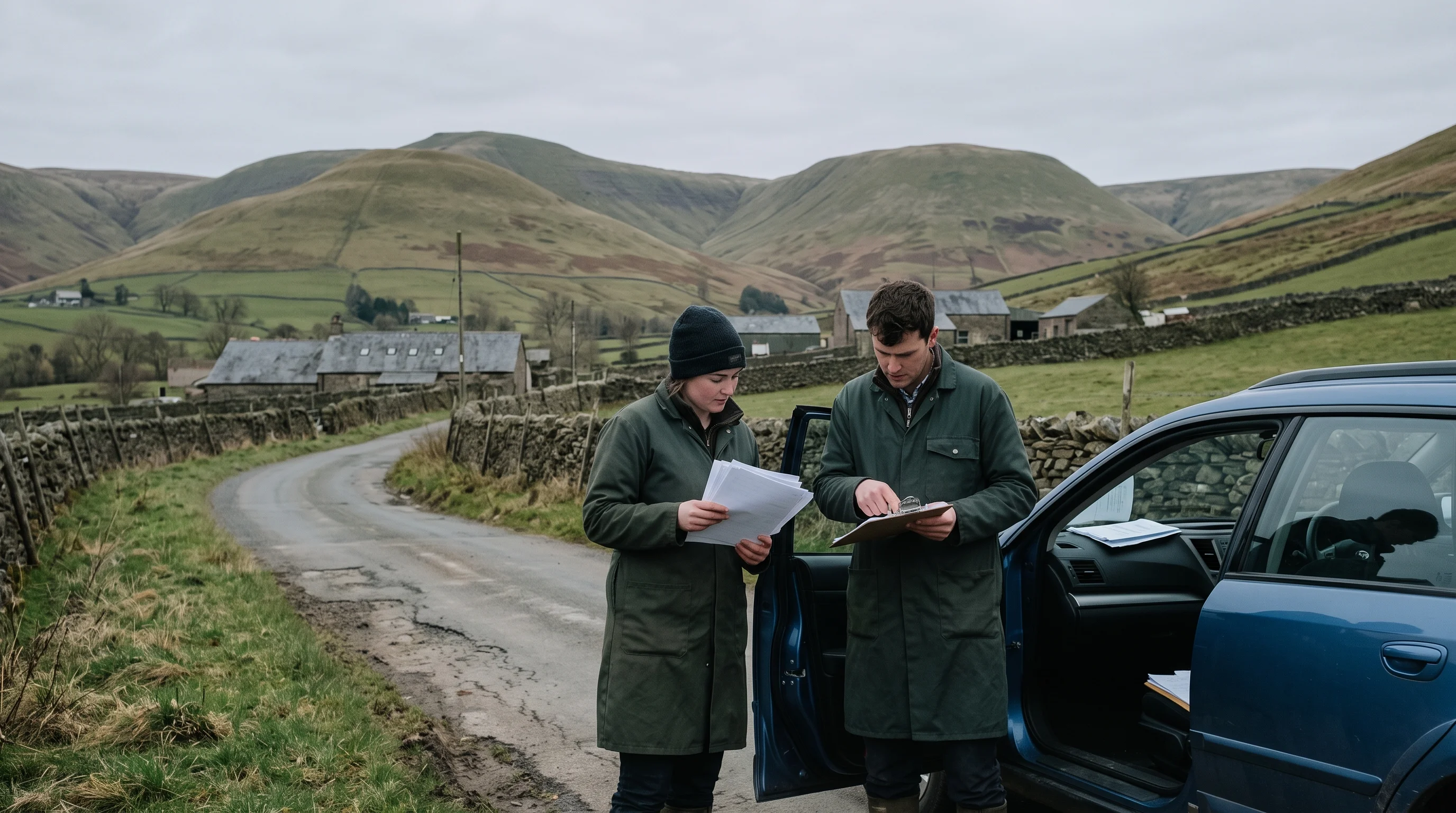 Ellie and Tom in working coats on a fell lane beside an open car door, papers in hand, the Howgills behind them