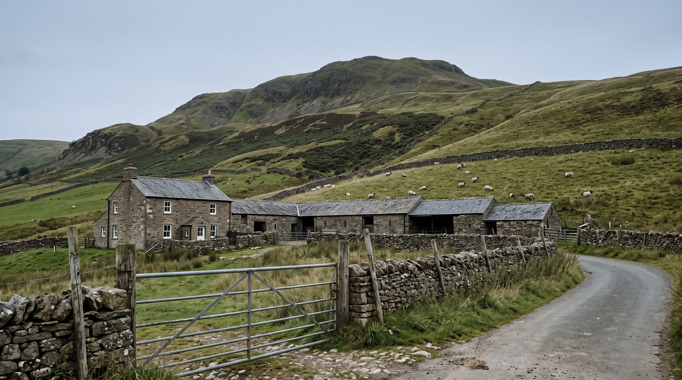A hill farm's house and byres sitting small below the fell, sheep on the walled intake above, cloud on the top