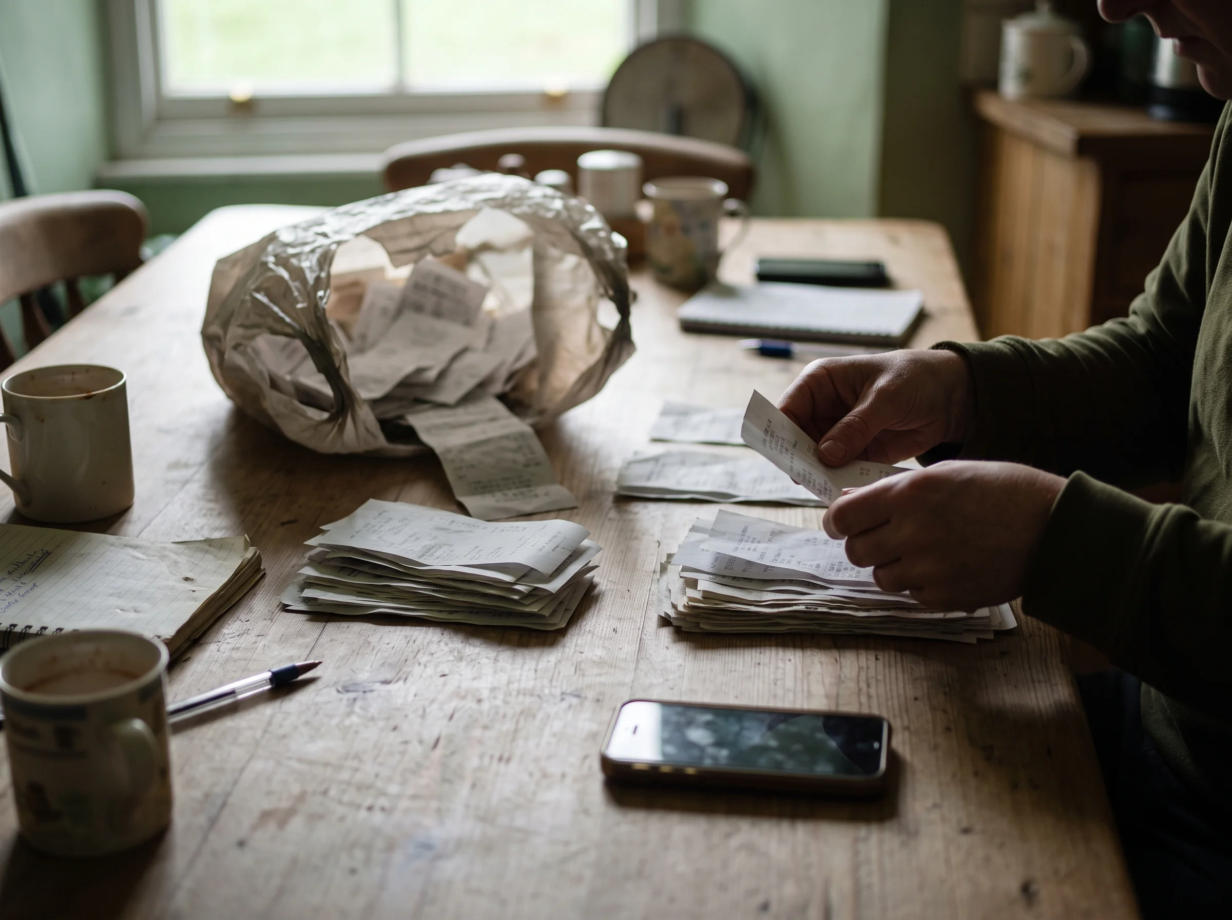 Receipts tipped out of a carrier bag being sorted into piles on a kitchen table, a phone lying face down beside them