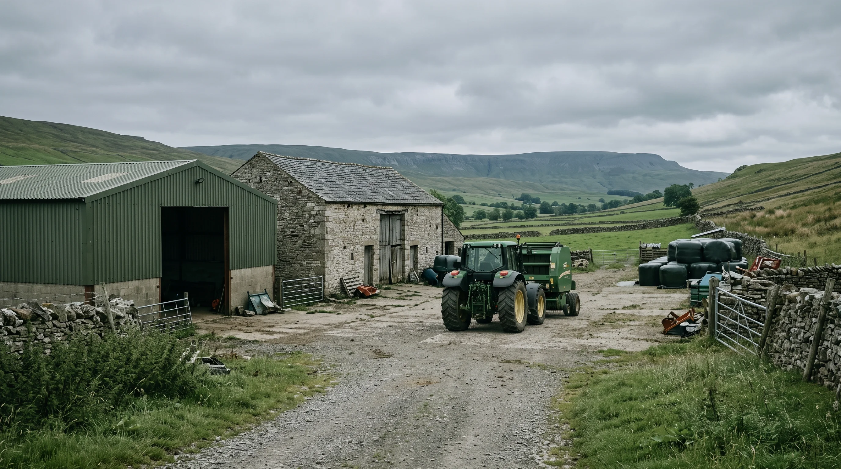 A valley-floor farmyard with a tractor and baler beside a steel shed and a stone barn, the Pennine edge low in the distance
