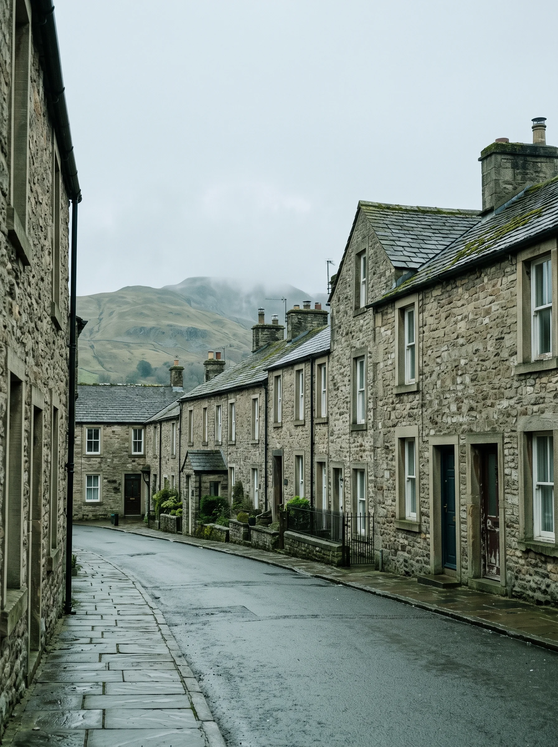 A short terrace of stone houses on a side street in Kirkby Stephen with a fell glimpsed between the gables