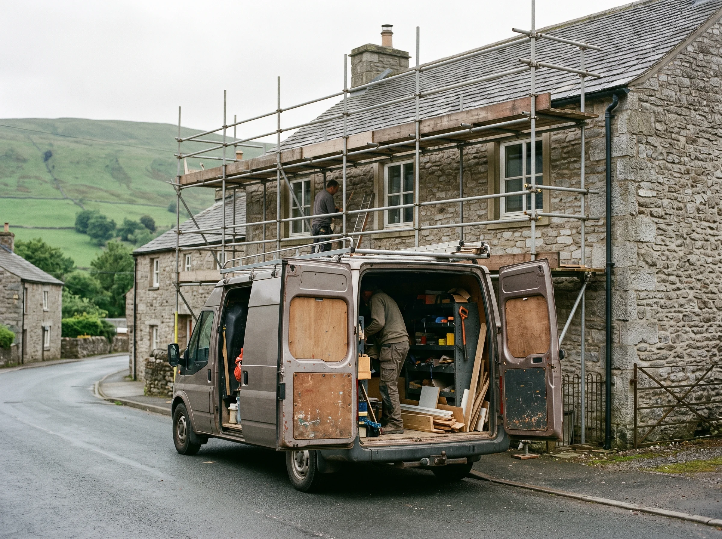 A joiner's van with its doors open outside a stone cottage under scaffold on a village street