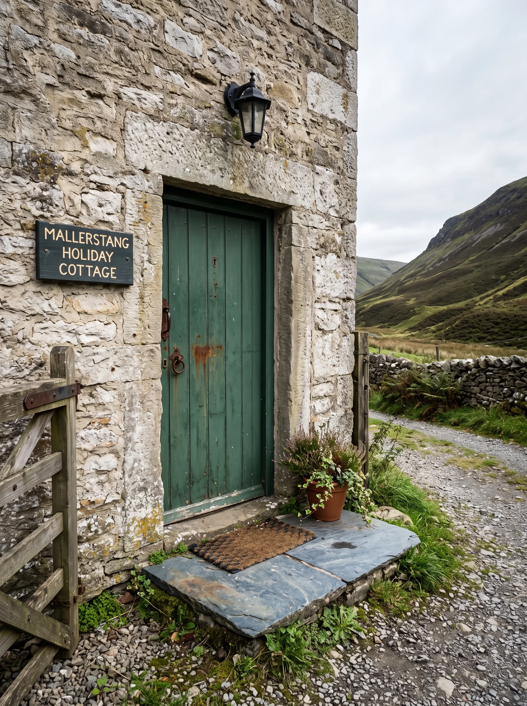 The painted front door of a stone holiday cottage with a steep fell edge behind the roof