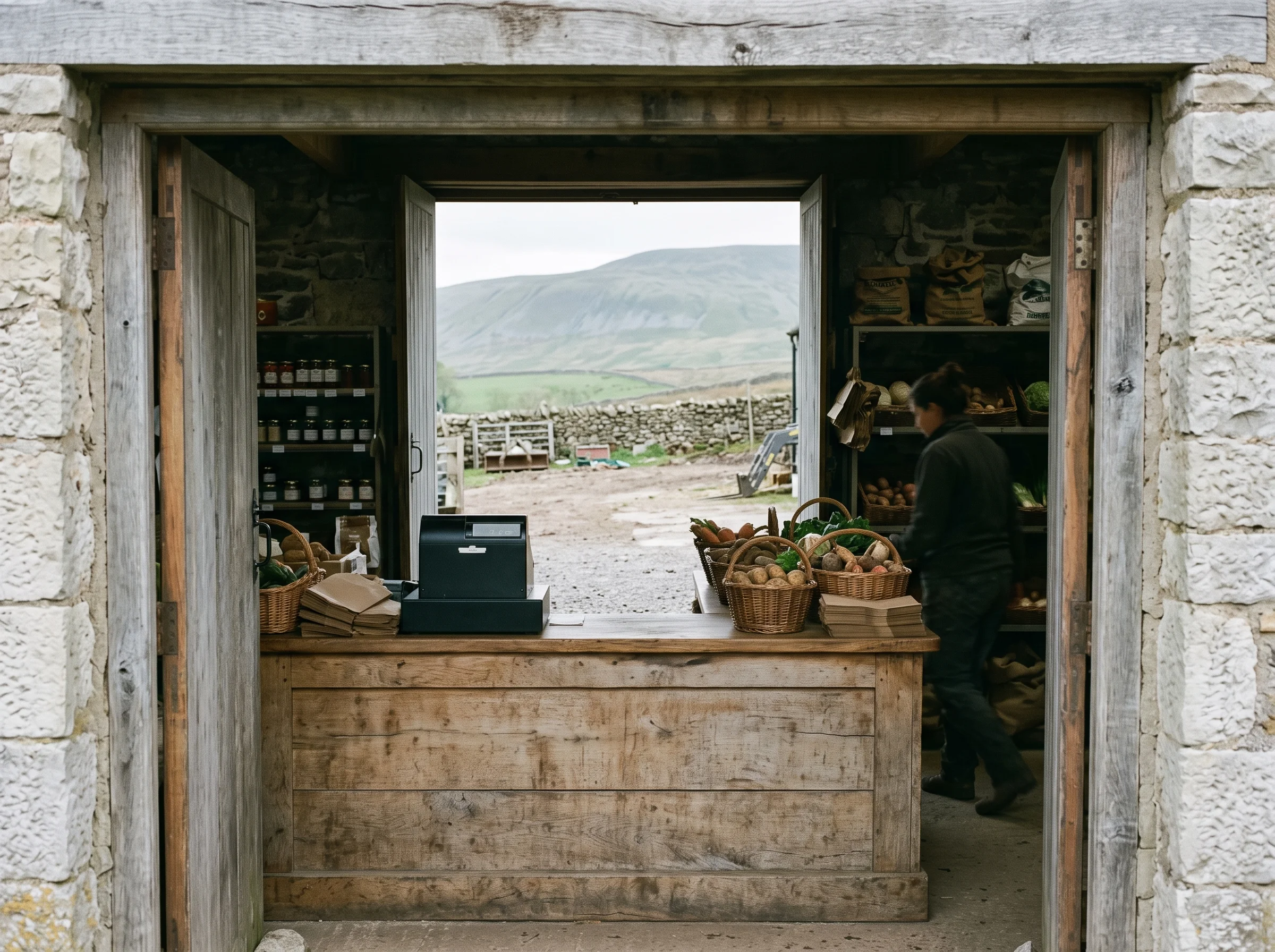 The doorway of a farm shop in a stone outbuilding, counter and shelves inside, yard beyond