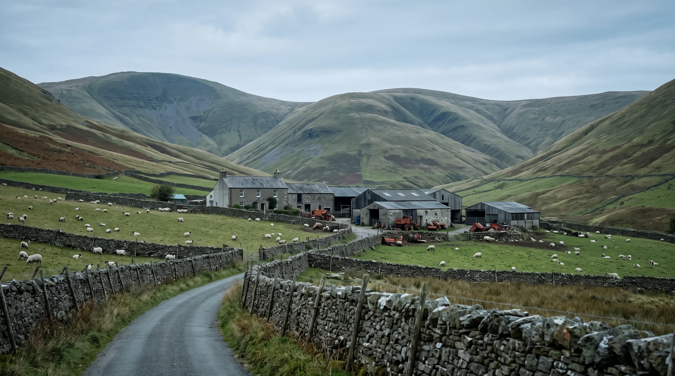 A hill farm's stone buildings below the Howgills, walled fields and sheep on the fell