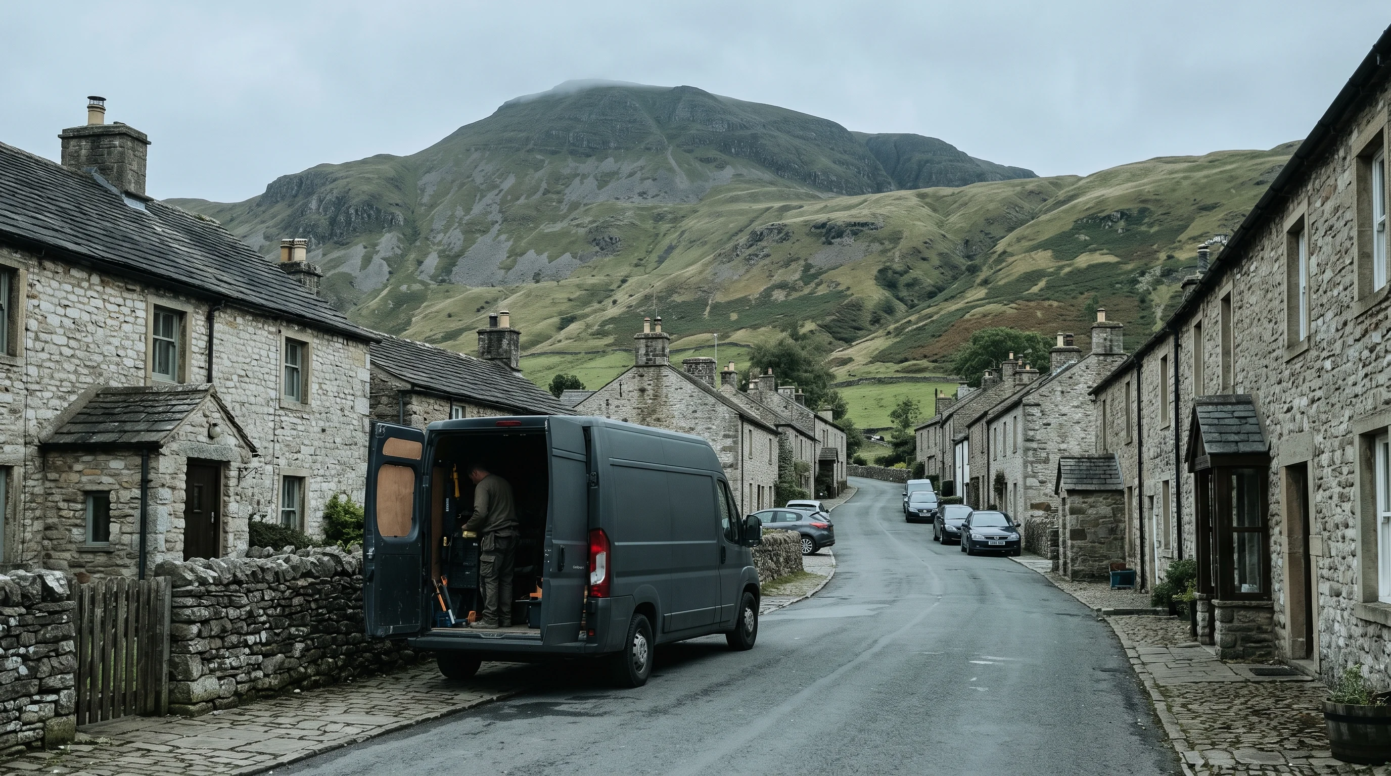 A work van with its back doors open on a stone village street, a fell closing the end of the road under cloud