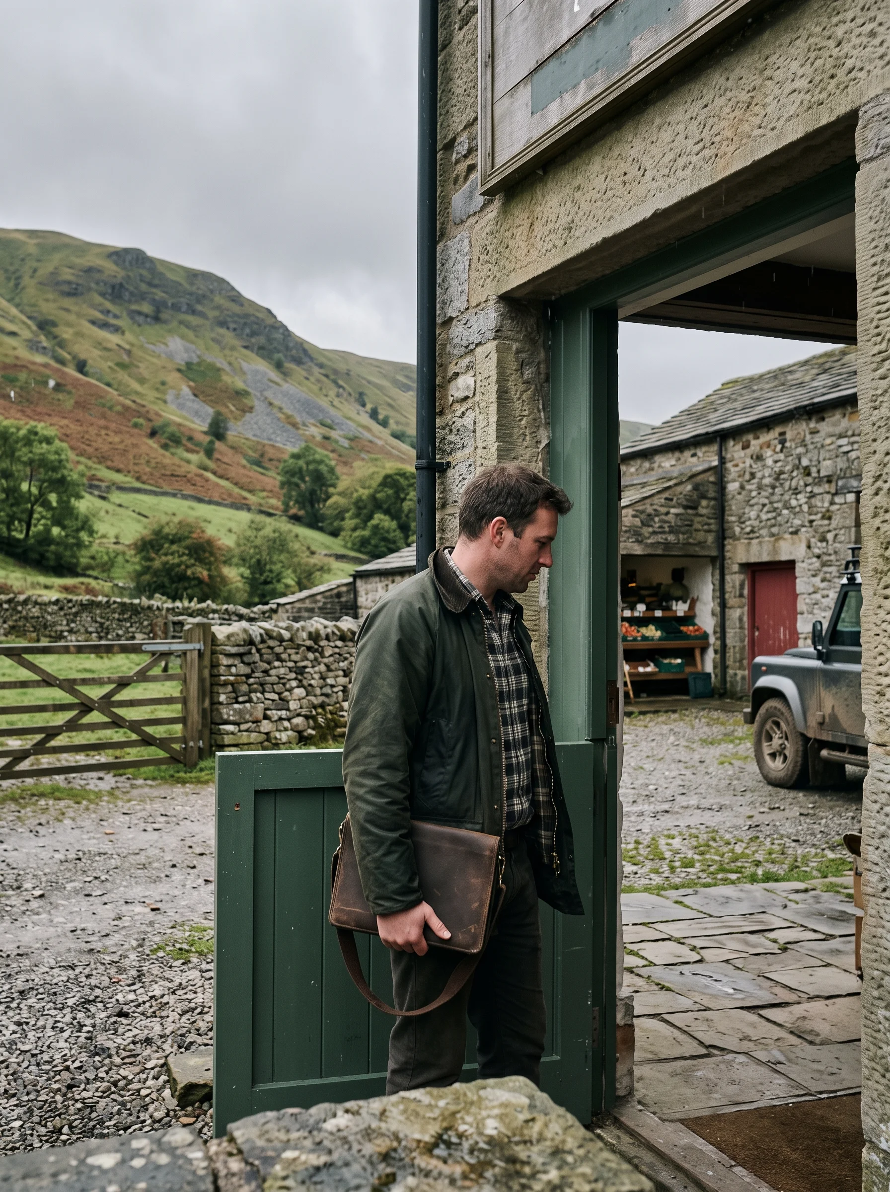 Tom Beck in a working jacket in the doorway of a farm shop, a folder in hand and the fell beyond the yard