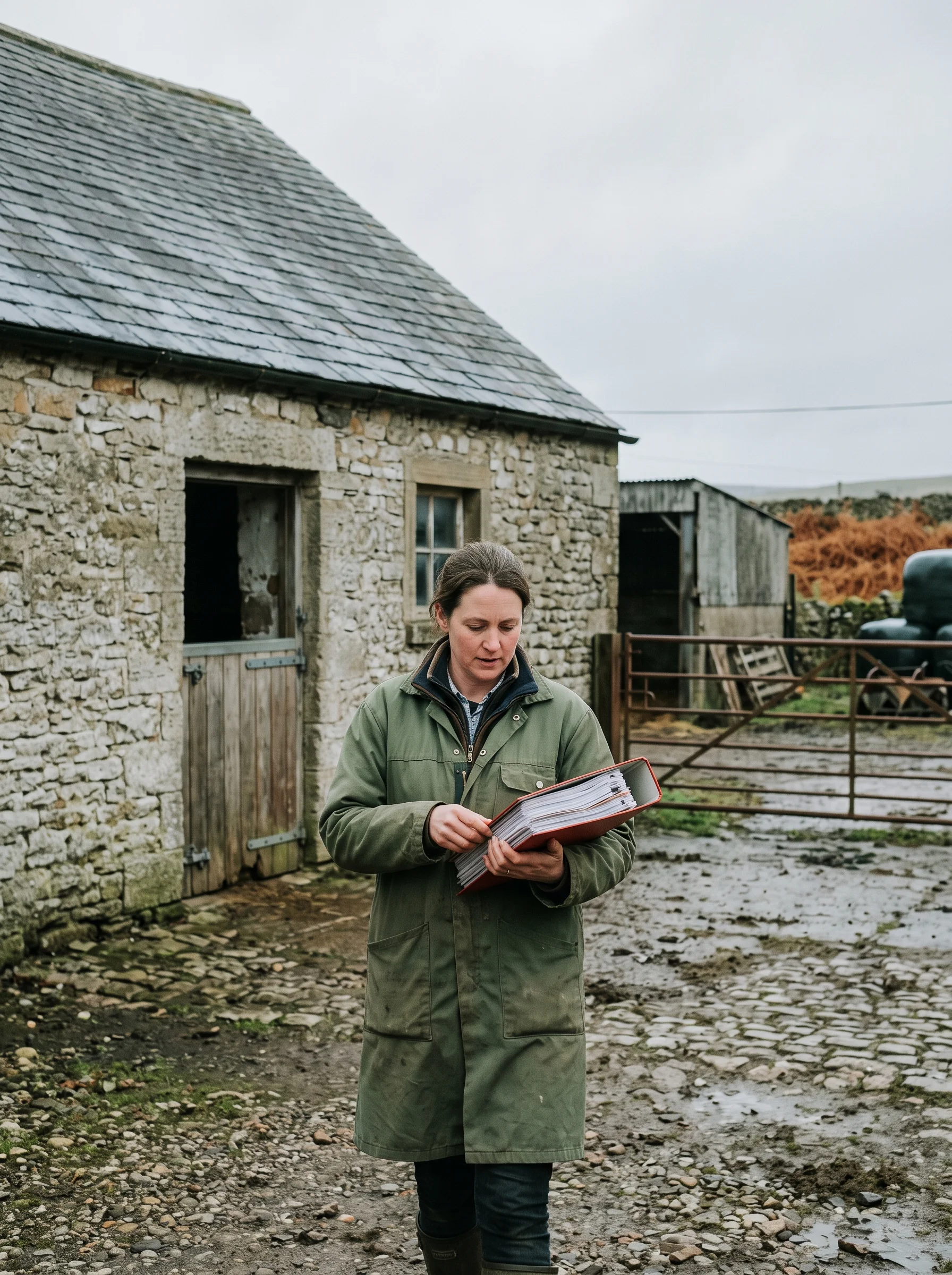 Ellie Rowan in a working coat in a farmyard beside a stone barn, a ring binder under her arm
