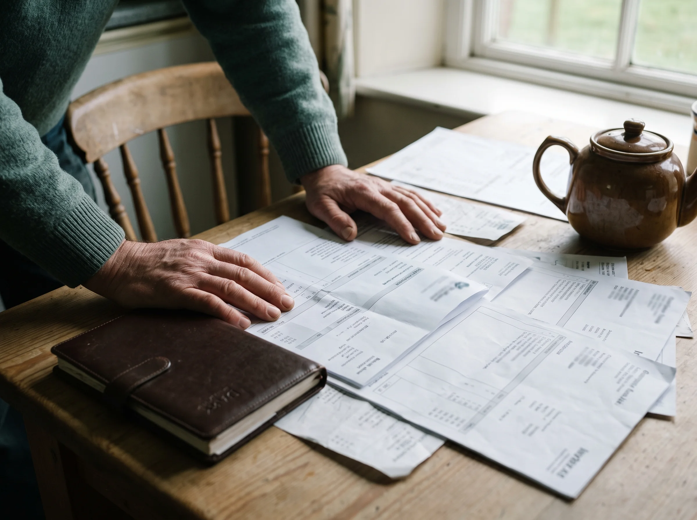 A farmhouse kitchen table with an open diary, a bank statement, a clip of invoices and a pot of tea, a pair of hands resting on the papers