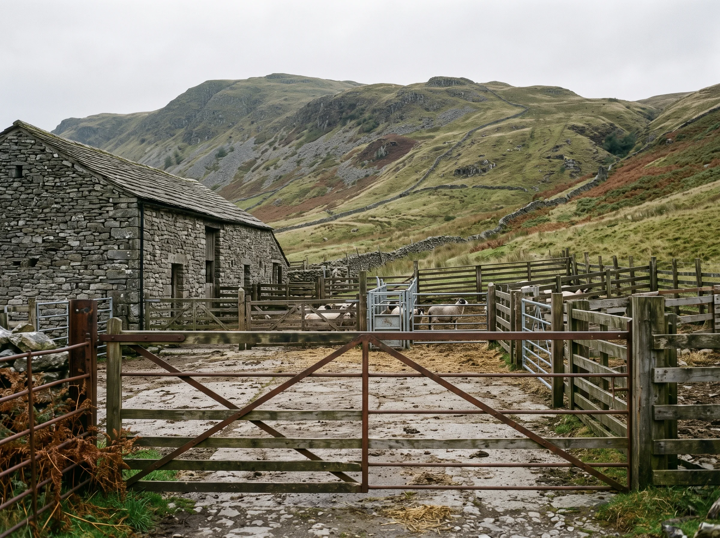 A yard gate on a hill farm with a stone barn behind and the fell rising into cloud