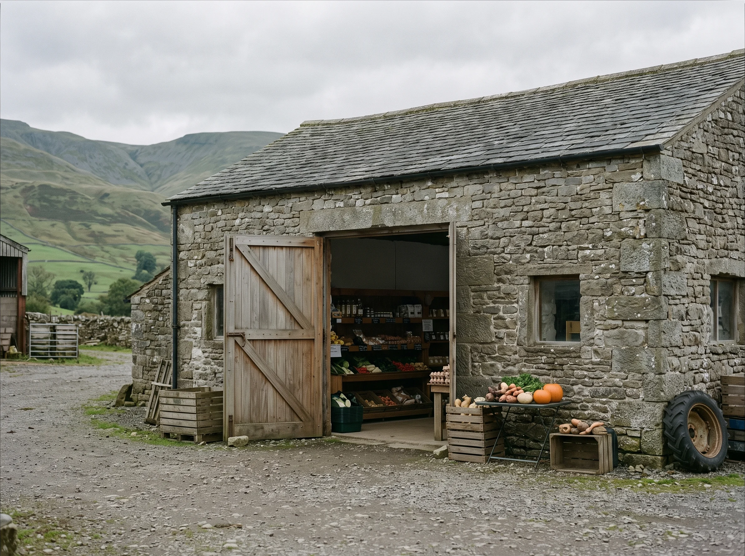A farm shop in a converted stone barn with its door open onto the yard and the fell behind