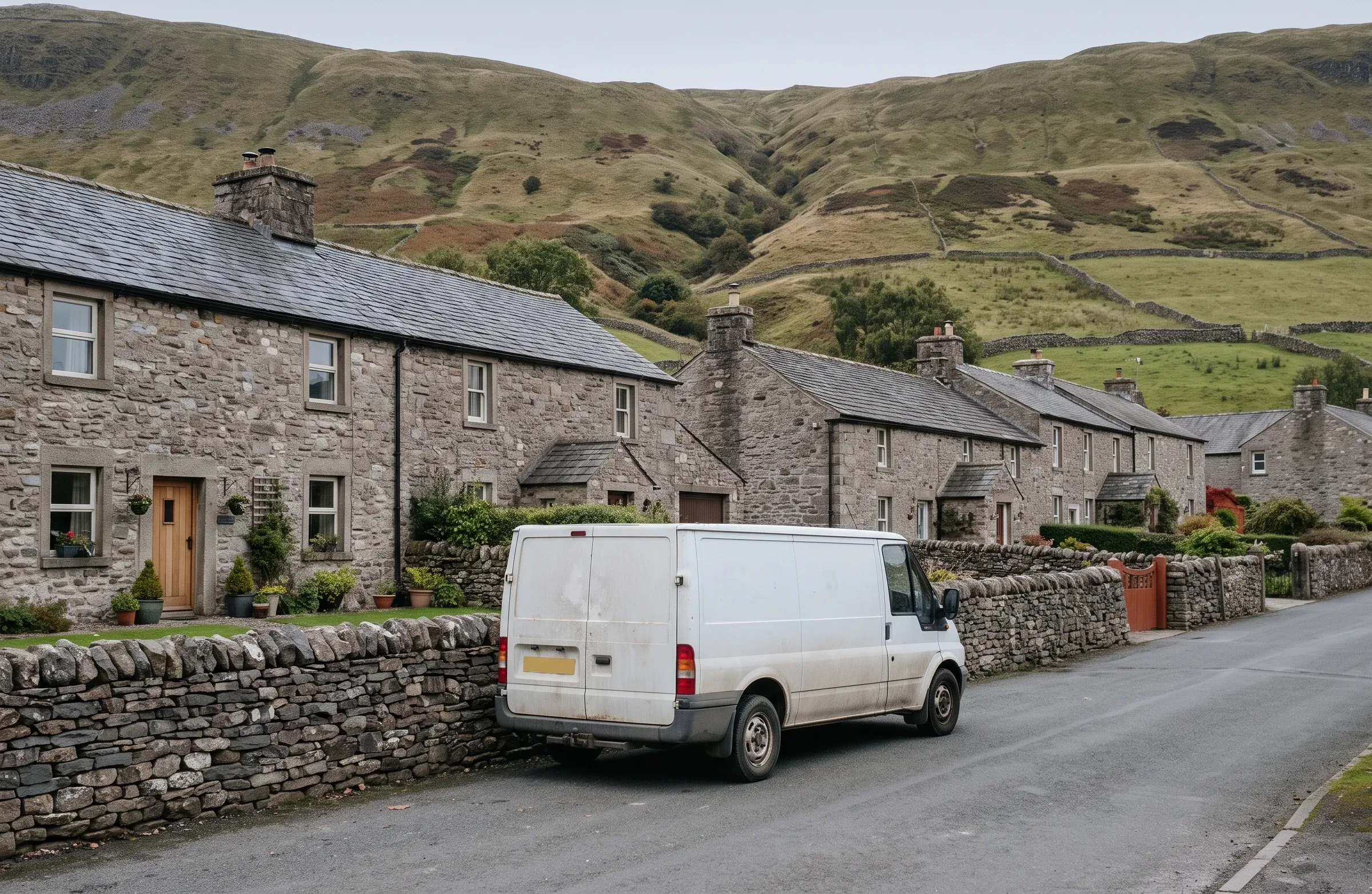A tradesman's van parked against a stone wall on a village street with a fell beyond