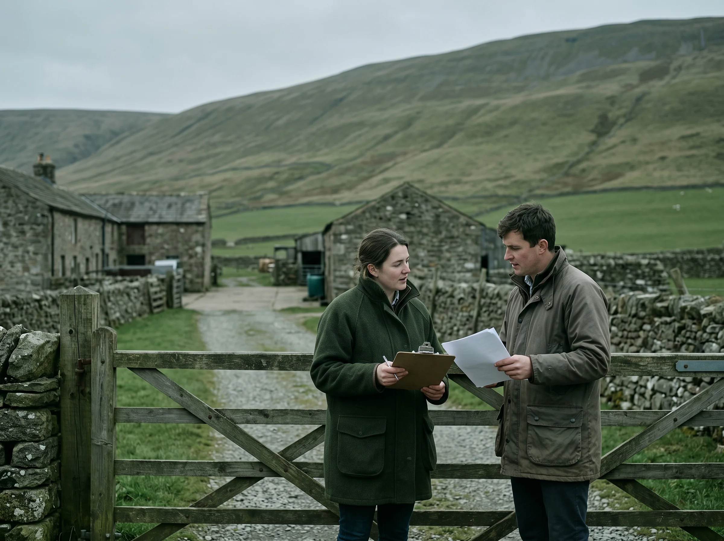 Two accountants in working coats at a farm gate with a folder of papers, the yard and fell behind them