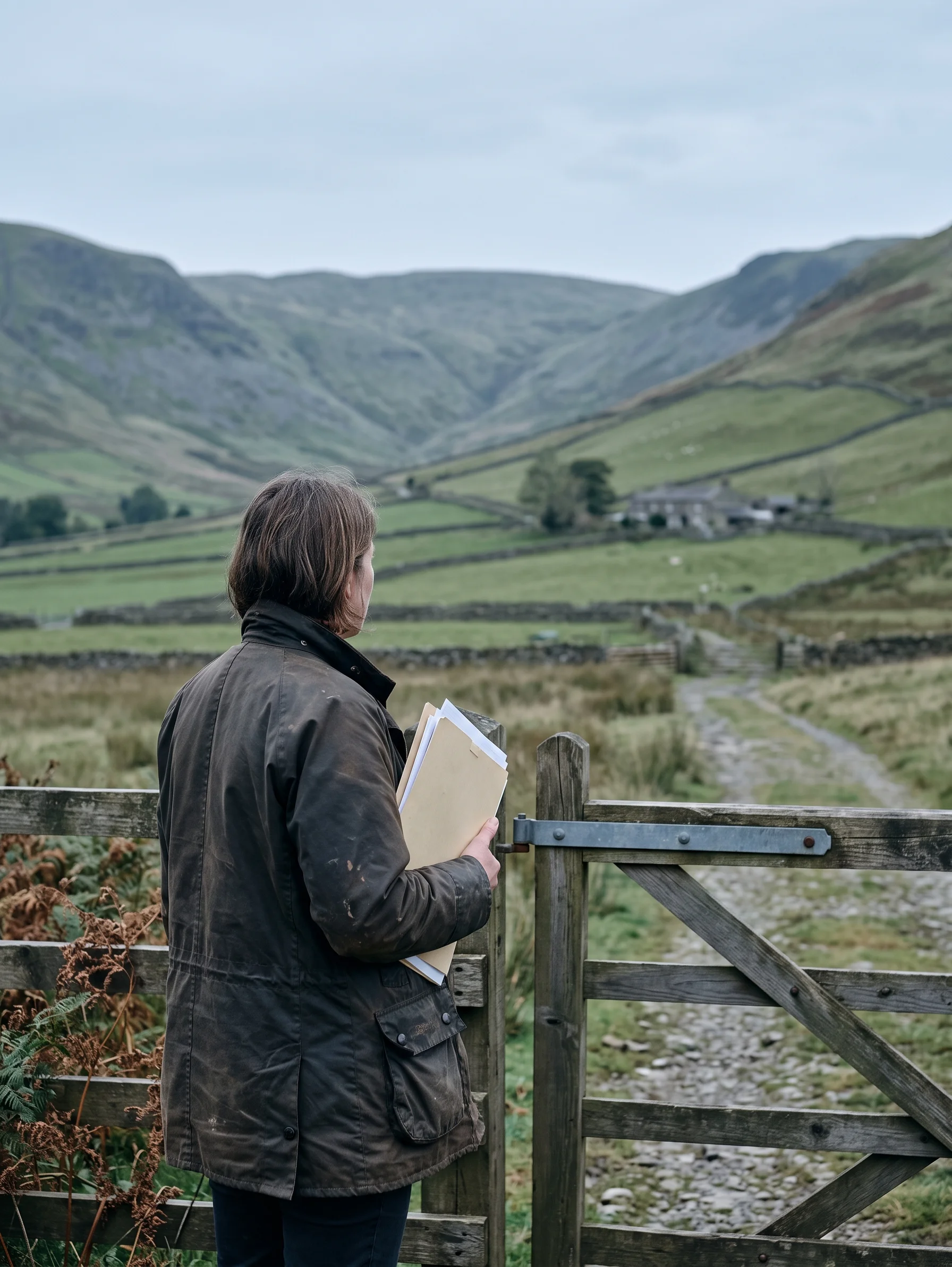 An accountant in a waxed coat at a wooden field gate on a hill farm, folder under one arm, fell behind