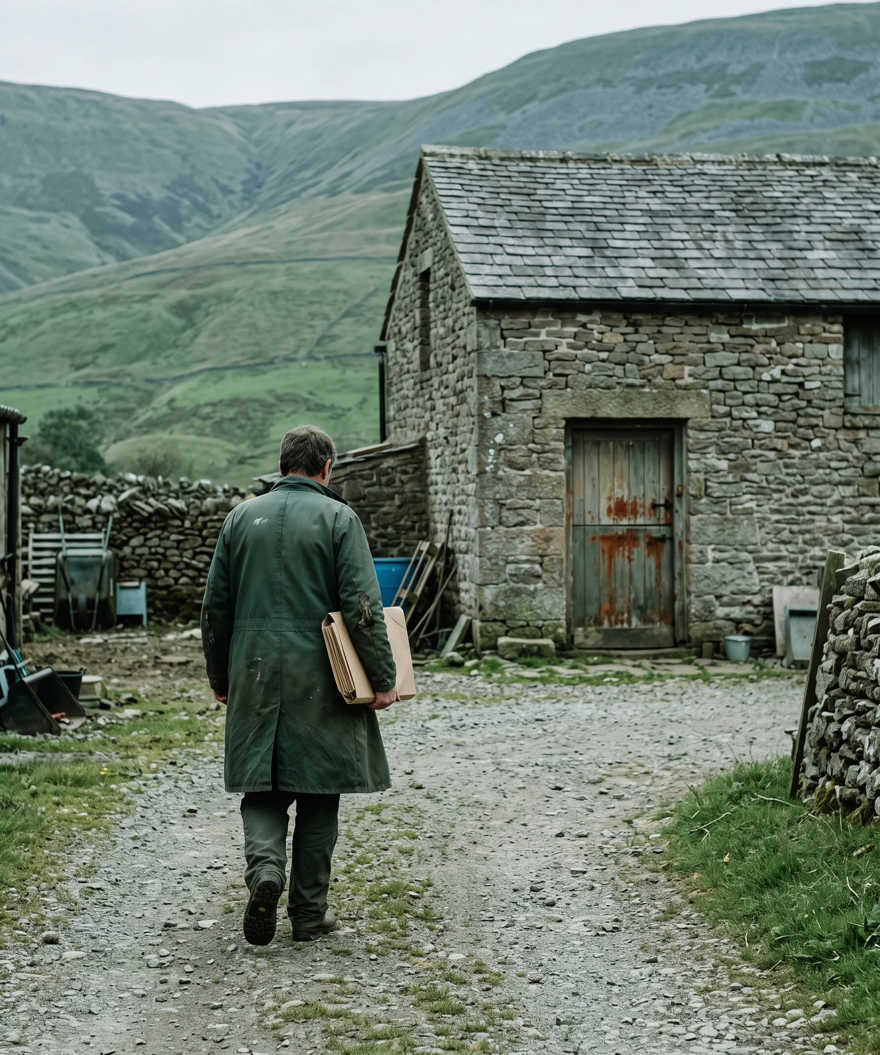 An accountant in a waxed coat with a folder under one arm outside a converted barn cottage, the fell behind