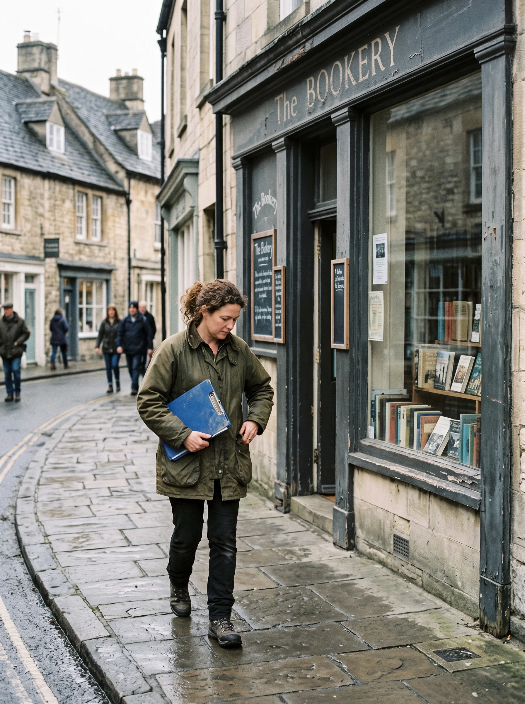 An accountant in a working coat with a folder under one arm outside a bookshop on a stone market street in the rain